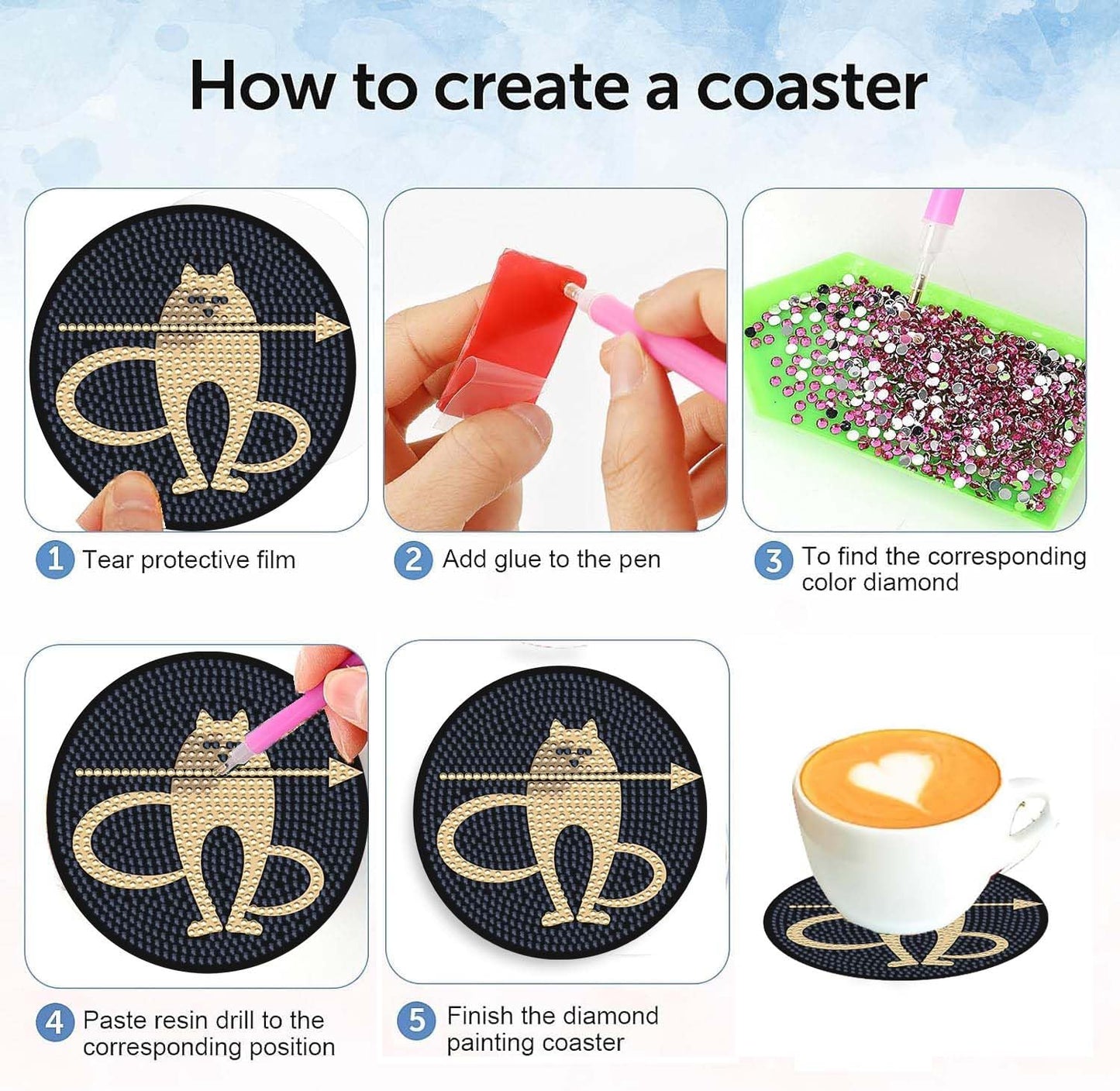 6 pcs Abstract Cat Coasters with Holder DIY Diamond Art Painting for Adults Beginners. Small Diamond Art Kits.Abstract Cat 27-6