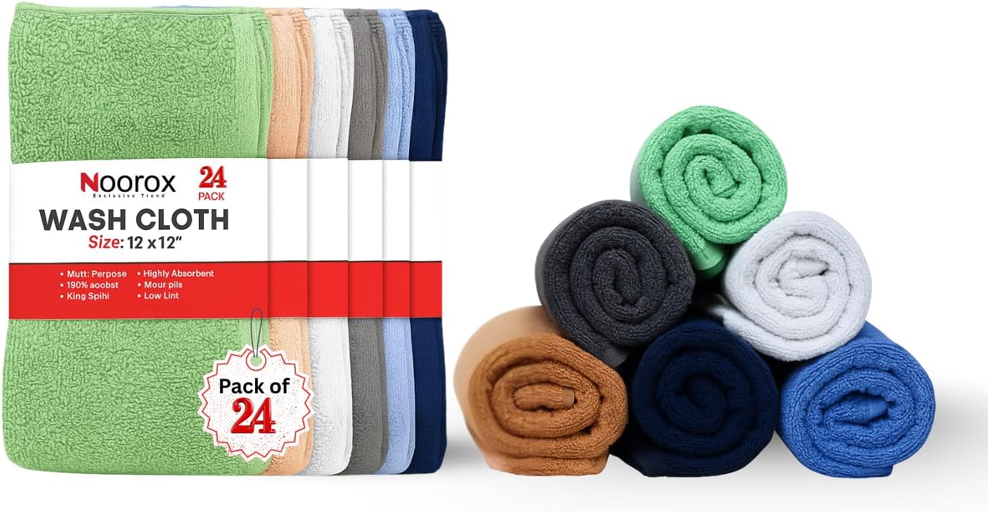 12x12 Inch Pack 24 Washcloths of Soft, Absorbent, Quick-Dry Cotton Towels for Bath, Gym, Hotel & Salon