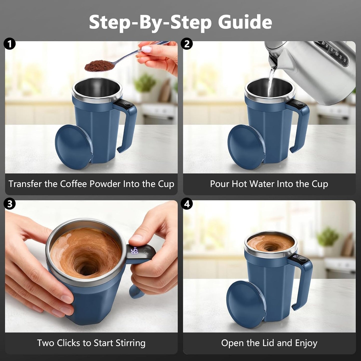 18 oz Self Stirring Coffee Mug with Temperature Display, Rechargeable Self Stirring Mug with Lid, Automatic Self