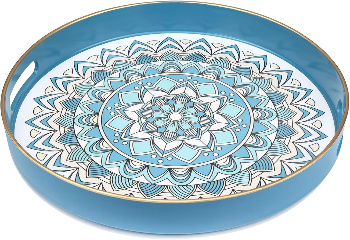 13 Round Cyan Decorative Tray for Coffee Table, Ottoman, Plastic Serving Platter Tray with Handles for Entertaining