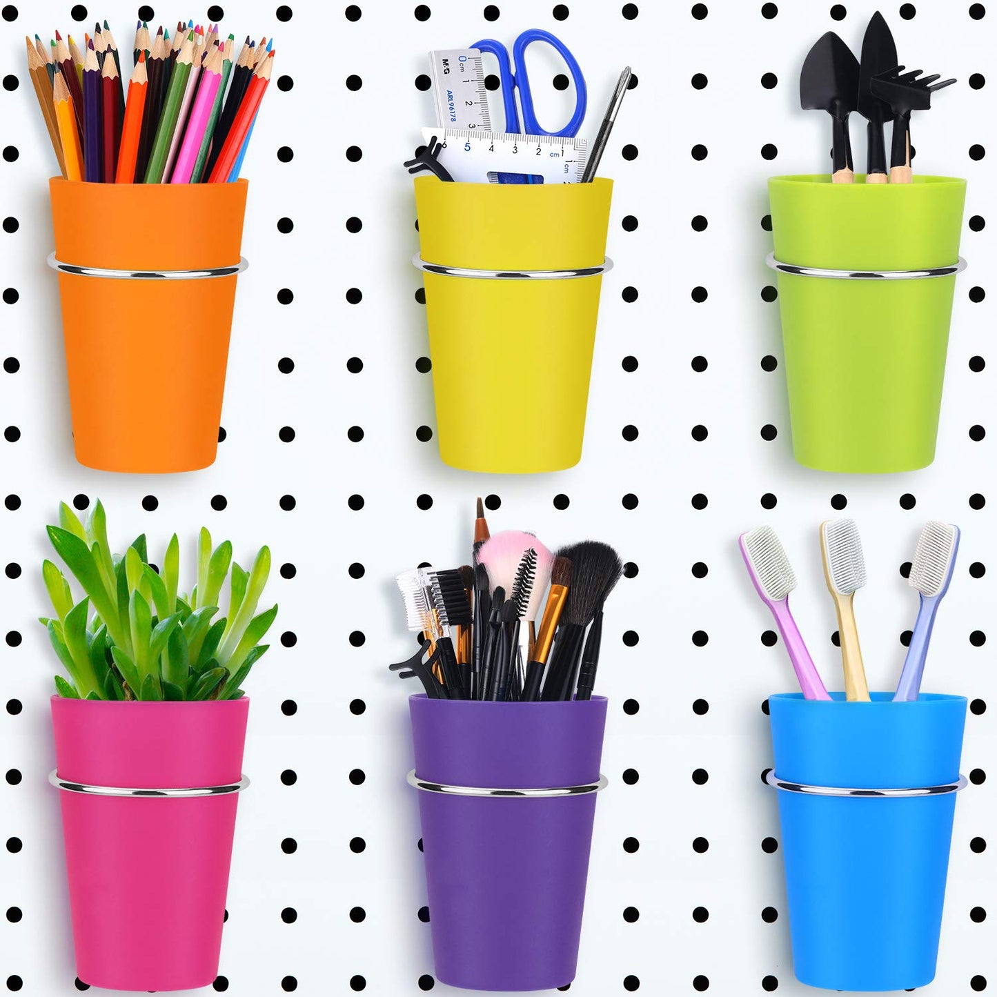 Patelai 6 Set Pegboard Bins with Rings, Pegboard Accessories Cups Holder Organizer Baskets Hooks Kit for Art and Craft Supplies Storage (Blue, Yellow, Green, Rose Red, Orange, Purple)
