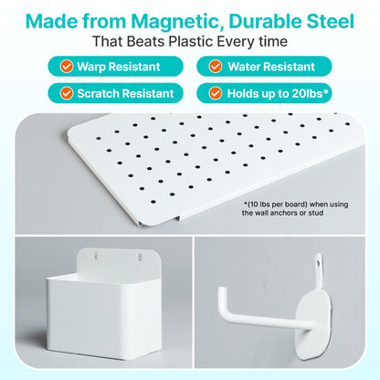 Pegnetic Upgraded Metal Pegboard Wall Organizer Kit – Magnetic, Heavy-Duty Peg Board with Shelves, Hooks & Clips – Wall Mount Storage for Office, Kids, Makeup, Garage & Home, Craft Organizer