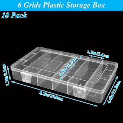 LDHHYH 10 Pack 6 Grids Tackle Box Organizer, Clear Fishing Tackle Boxes, Clear Organizer Box with Dividers, Plastic Storage Organizer Container for Crafts, Beads, Earrings, Screws, Nail, Pins