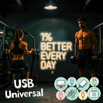 1% Better Every Day Neon Sign, Health Decor Light, Fitness Club, Gym Led Wall Decor, Inspirational Quote Sign for Classroom Office Bedroom Living Room Cafe Bookstore Gym Birthday Party Gift
