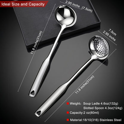 Hvanam Soup Ladle 18/10 Stainless Steel and Slotted Spoons with Holes 2 Pack Set,316 Metal Heavy Duty Deep Spoon Gravy Punch Ladles for Serving Soup,Gravy,Draining,Kitchen Cooking,Hot Pot(11.8inchs)