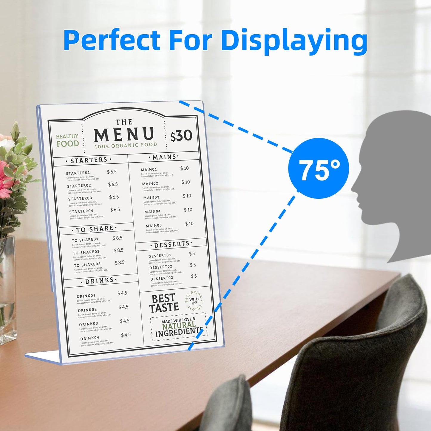 DECOHOBO 12 Pack Acrylic Sign Holder 8.5 x 11, Clear Plastic Display Stands for Tabletop, L-Shape Acrylic Stands for Flyers, Documents, Office, Restaurants, Vertical Sign Holder 8.5x11 for Desktop