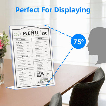 DECOHOBO 12 Pack Acrylic Sign Holder 8.5 x 11, Clear Plastic Display Stands for Tabletop, L-Shape Acrylic Stands for Flyers, Documents, Office, Restaurants, Vertical Sign Holder 8.5x11 for Desktop