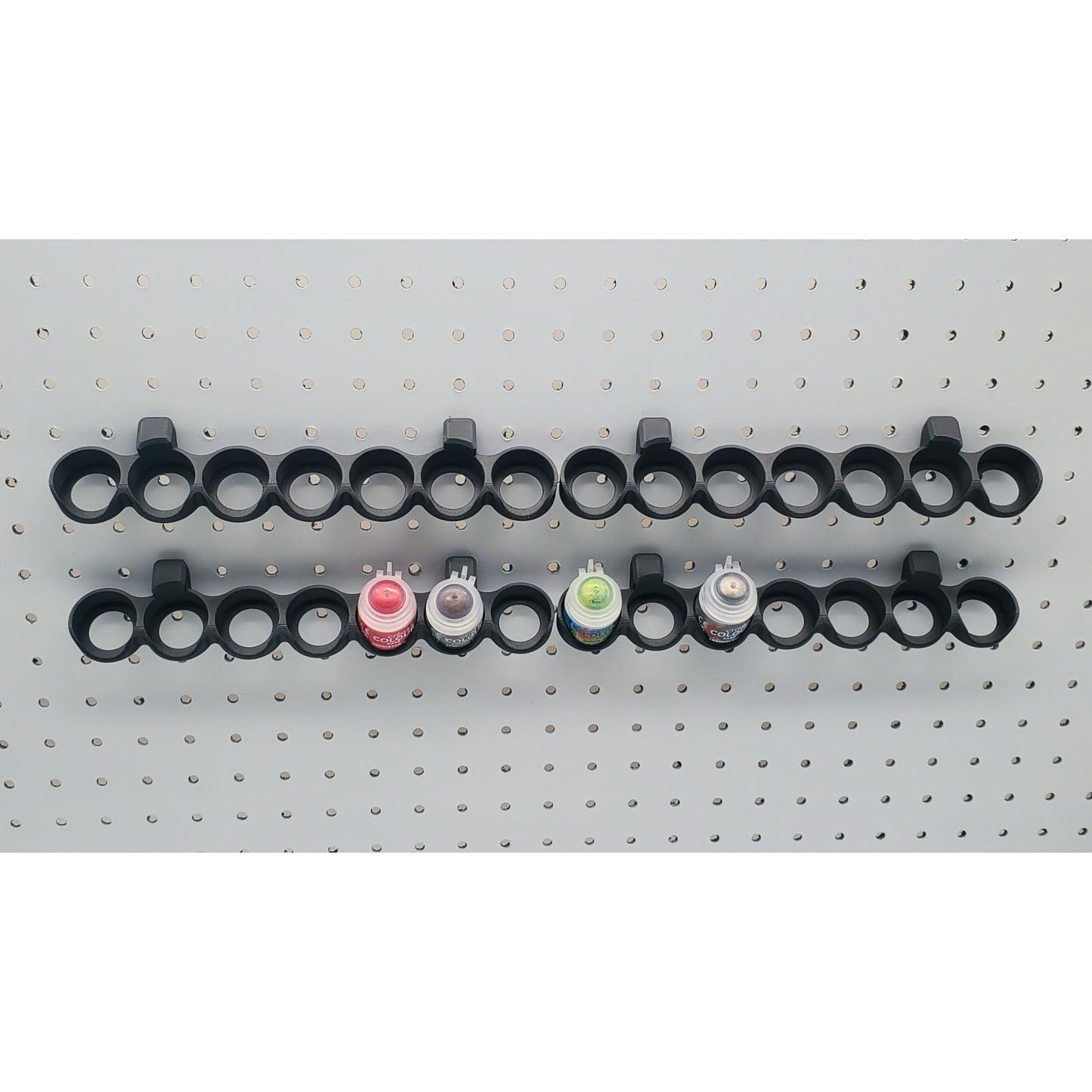 'Just Hanging' 1/4" Pegboard Paint Holder Hook, Compatible with Citadel Paints up to 32.5mm Diameter Pots, Storage for D&D Miniature Crafters (4, Matte Black)