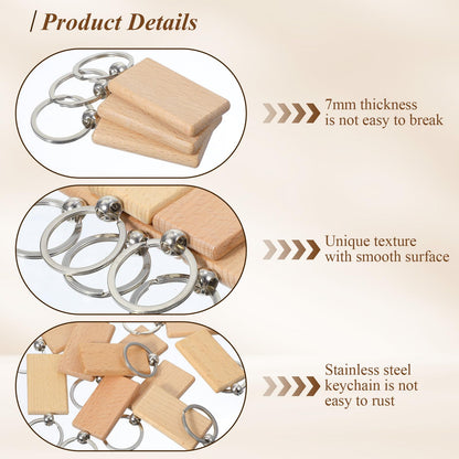 PercyEffie 60 Pcs Wooden Keychain Blanks Bulk, Rectangle Wood Key Chains Laser Engraving Unfinished Slice with 60 pcs Ring Key Tag for DIY Crafts Gift Accessories 2×1.2 inch