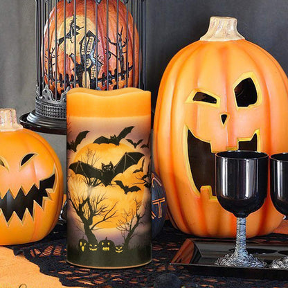 Eldnacele Halloween Flameless Flickering LED Candles with 6-Hour Timer, Battery Operated Wax Candles Assorted Decals Witch, Bats, Castle Set of 3 for Decoration
