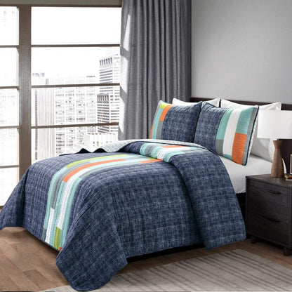 Lush Decor Shelly Stripe Quilt | Modern Geometric Pattern Reversible 3 Piece Bedding Set - Full/Queen - Navy & Orange