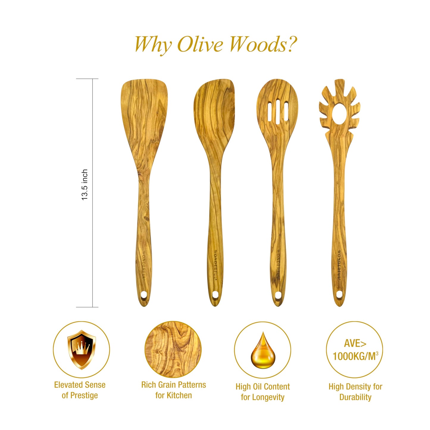 WONDERFUL 13.5 Inch Long Olive Wood Spaghetti and Pasta Server with Measurer, Ideal Spaghetti Server, Pasta Forks and Ladle