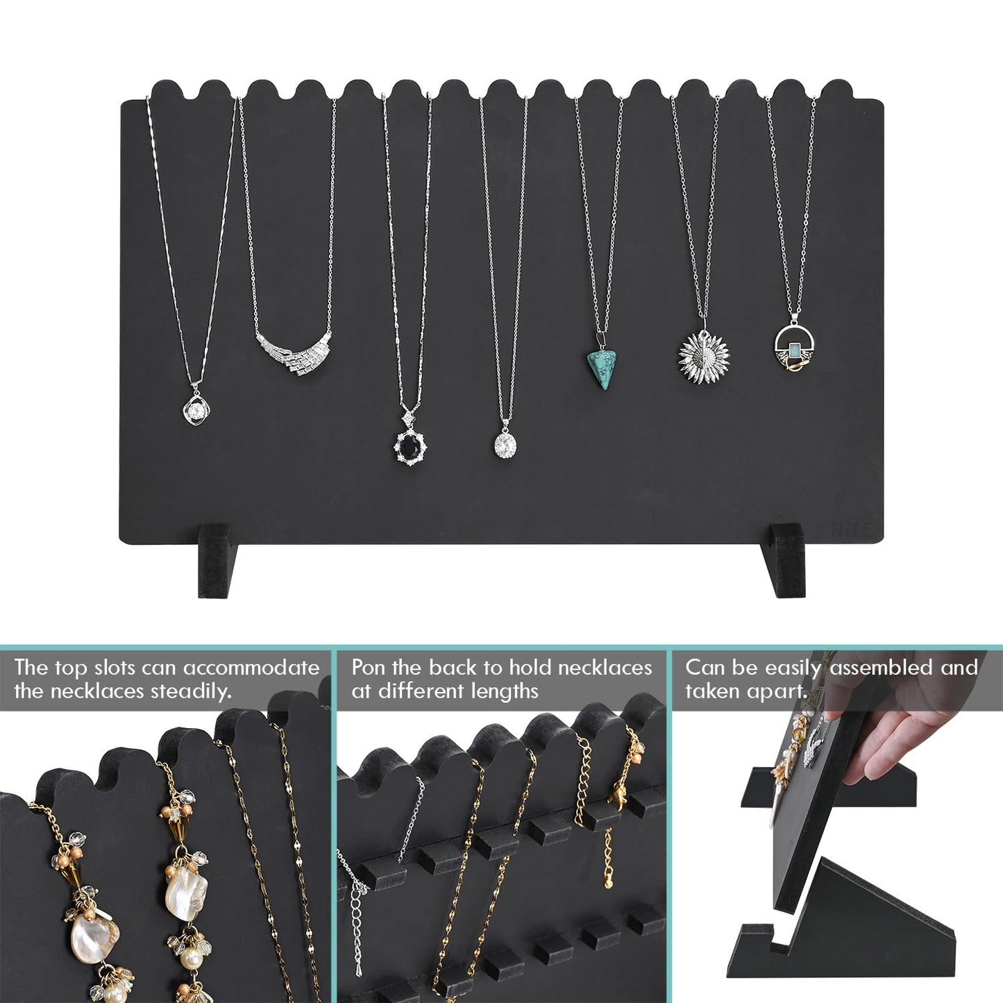 MOOCA Portable Wooden Plank Necklace Jewelry Stand for 15 Necklaces, Wood Plank Storage Holder, Jewelry Display Stand, Black Color