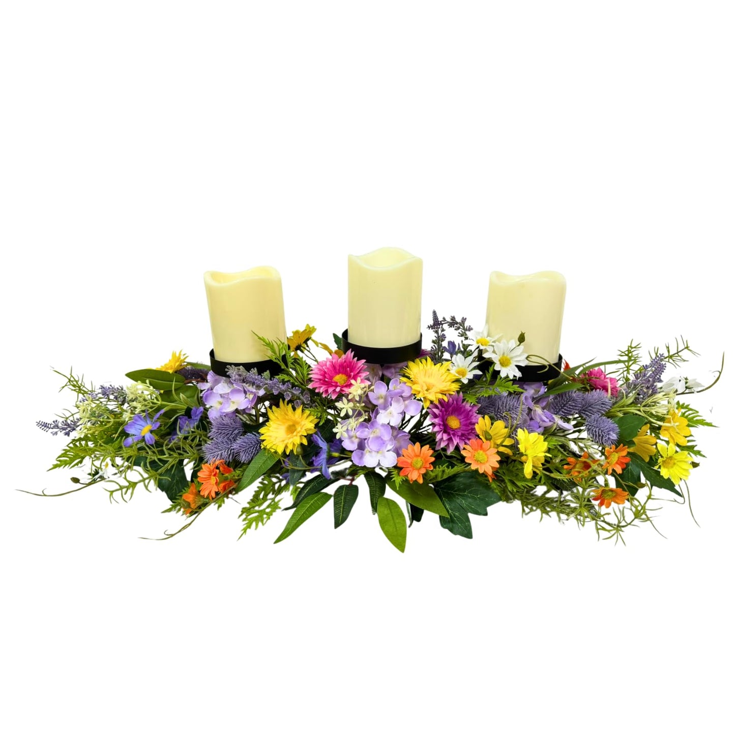 Lnymura 26 Inch Spring Summer Centerpiece with 3 Candle Holders Floral Table Centerpiece with Daisies and Wildflowers for Dining Table Mantel Wall and Farmhouse Table Decoration