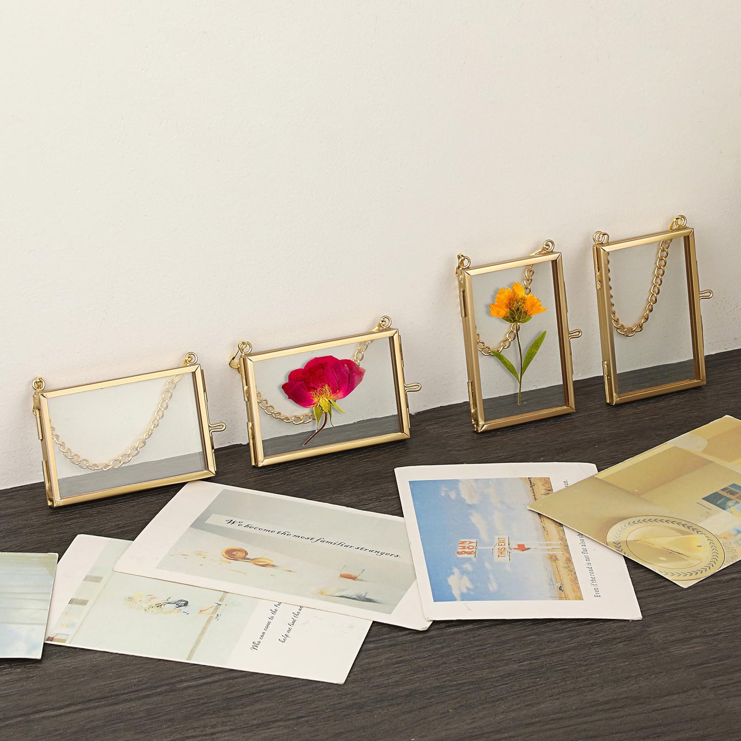JUXYES 8 Pack Mini Brass Floating Frames Ornaments With Hanging Chain - Double Glass Tiny Picture Display Frame - Gold Wallet Size Floater Style Gallery Wall Frame for Pressed Flowers, 2x3 Inches