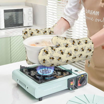 Happy Busy Bees Kitchen Mitts and Pot Holders Set, 4Pcs Silicone Bees Oven Gloves, Heat Resistant Potholders for Baking