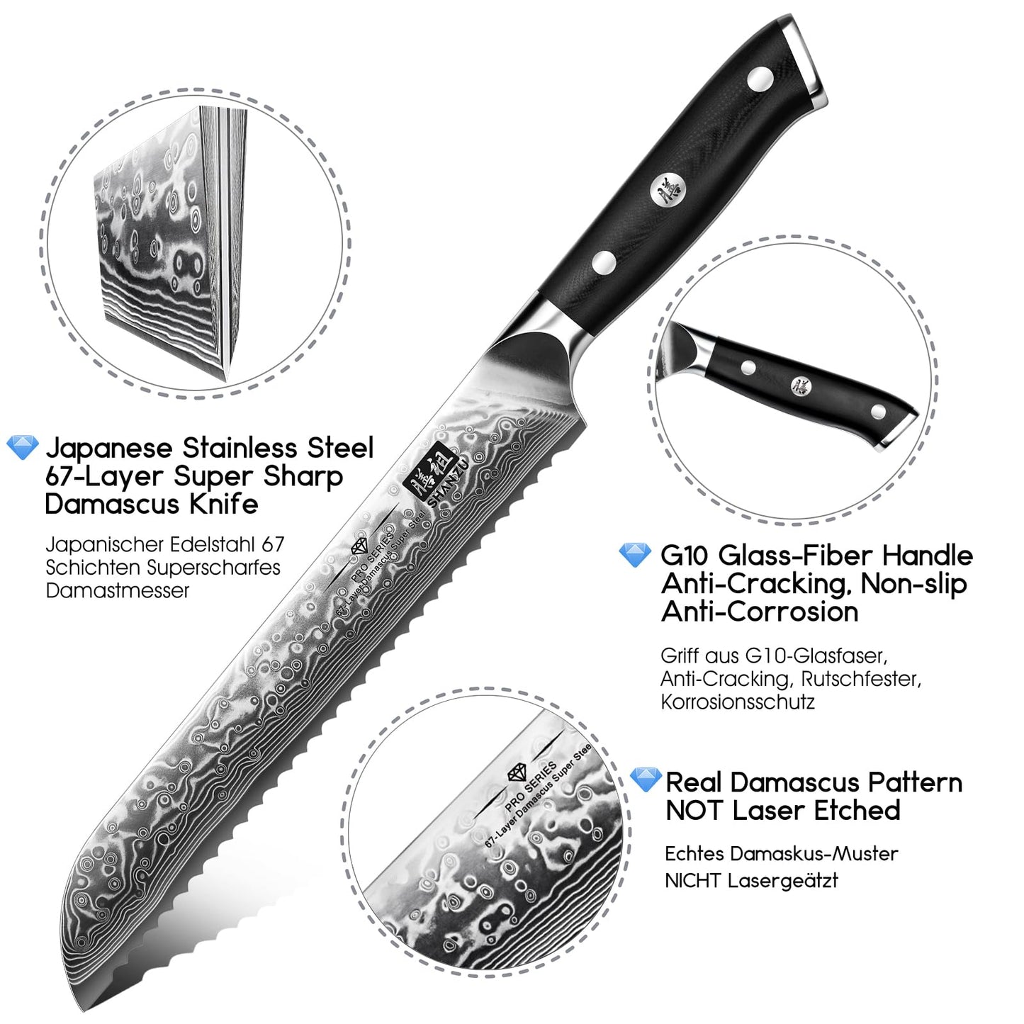 SHAN ZU Bread Knife 8 Inch Japanese Steel Damascus Serrated Knife Wave Edge, Professional Sharp 10Cr15Mov High Carbon Super Steel Cake Knife Bread Cutter with G10 Handle