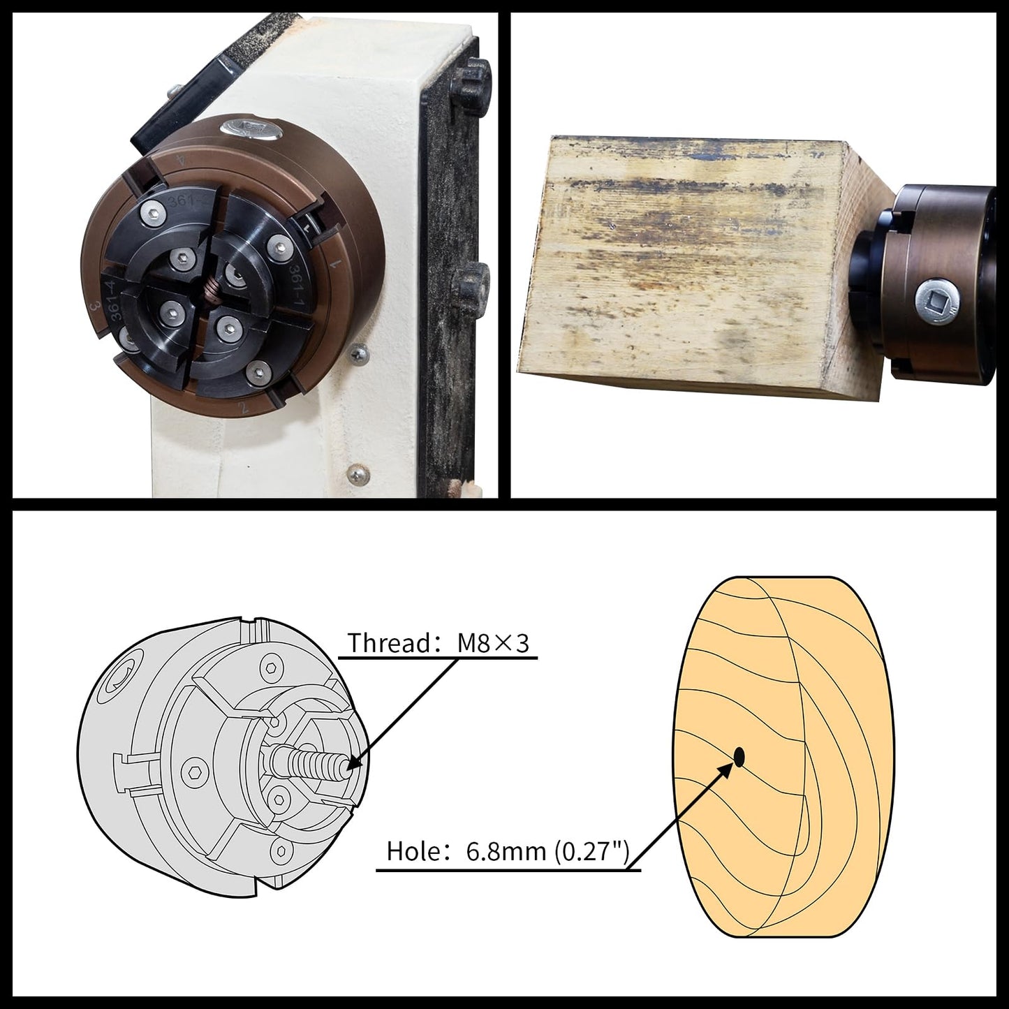 SIIIXS 4 Inch Wood Lathe Chuck Set 1"X8TPI Thread & 3/4"X16TPI Adapter, Self-Centering 4 Jaw Wood Turning Chuck