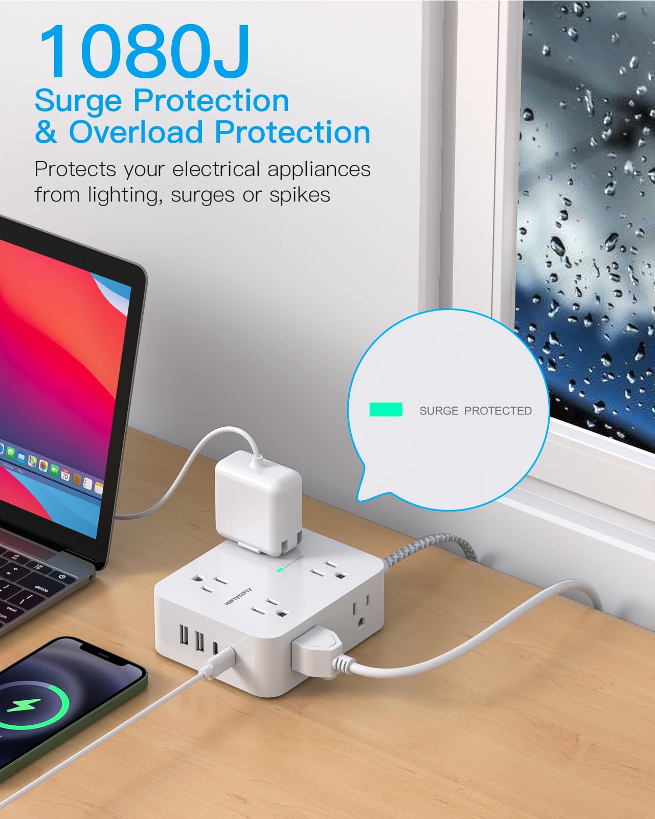 10 ft Extension Cord, HANYCONY 1080J Surge Protector Power Strip Long Cord with 8 AC Outlets and 4 USB Ports (2 USB-C), Wall Mount, Desk Charging Station for Home Office College Dorm Room Essentials