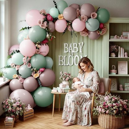 Pink Green Balloon Arch with Artificial Flowers Double Stuffed Dusty Light Pink Sage Green Balloon Garland Kit Eucalyptus Leaves for Baby in Bloom Birthday Bridal Shower Wildflower Party Decorations