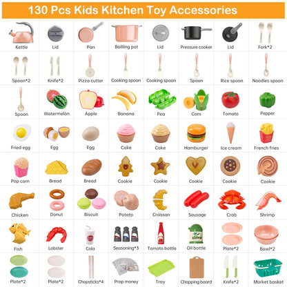 130Pcs Kitchen Playset, Toddler Pretend Cooking Play Pots, Pans, Utensils Cookware, Daily Food Fruit Veges, Shopping Storage Basket, Dessert, Prop Money, Learning Gift for Child (Pink)