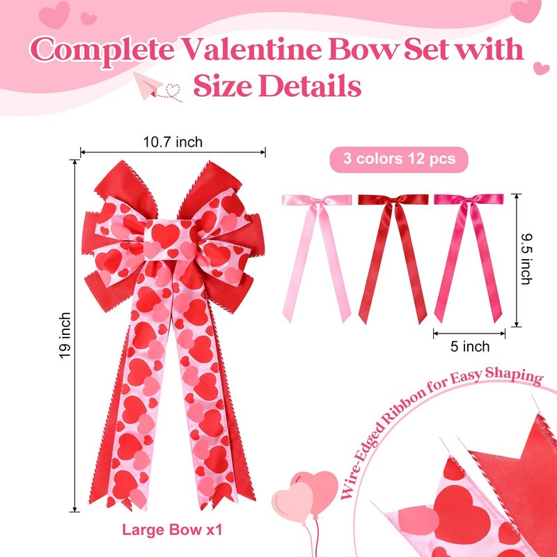 CEELGON Valentines Day Decorations Large Pink and Red Valentine Tree Topper Bow & 12 Pcs Long Satin Ribbon Bows Ornaments Wreath for Holiday Home Wall Decor