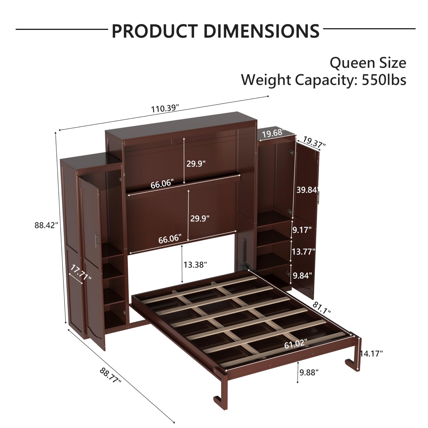 Ball & Cast Murphy Bed Queen Size,Wood Foldable Wall Bed with 2 Sides Wardrobe and Storage Shelf, Hidden Cabinet Bed Frame for Bedroom,Guest Room,Space Saving,No Box Spring Needed,Walnut