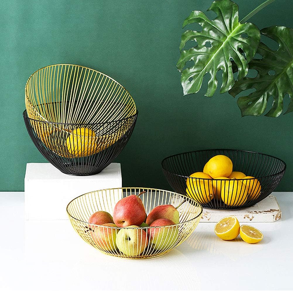Wire Fruit Basket, Kitchen Fruit Bowl Stand, Metal Fruit Bowls for Counters (Black, Round)
