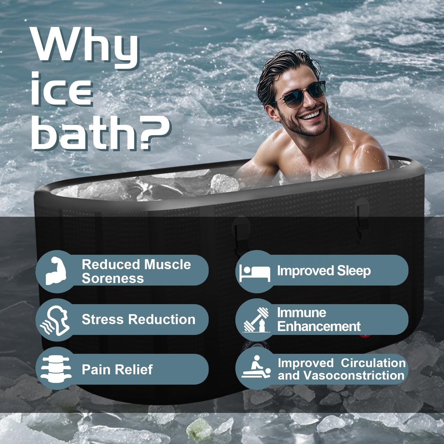 HotMax Drop Stitch Ice Bath Tub for Recovery 195 Gal, Compatible with Water Chillers, Cold Plunge Tub with Insulated Lid, Multi-layer Portable Tub for Cold Water Therapy(59IN*27.5IN*27.5IN)