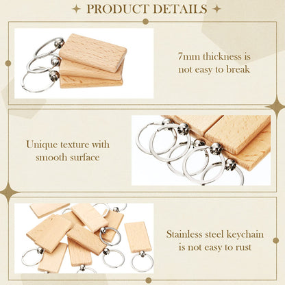 Yinkin 50 Pcs Wooden Keychain Blanks Bulk Laser Engraving Key Chain Unfinished Wooden Key Ring Tag for DIY Gift Crafts (Rectangle)