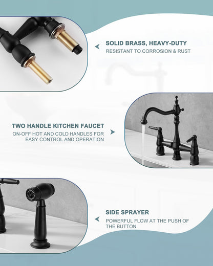 ALEASHA Bridge Centerset Kitchen Sink Faucet, Deck Mount Brass Kitchen Faucet with Side Sprayer, 2 Handle 4 Hole 360° Swivel Vintage Farmhouse Copper Faucet, Matte Black