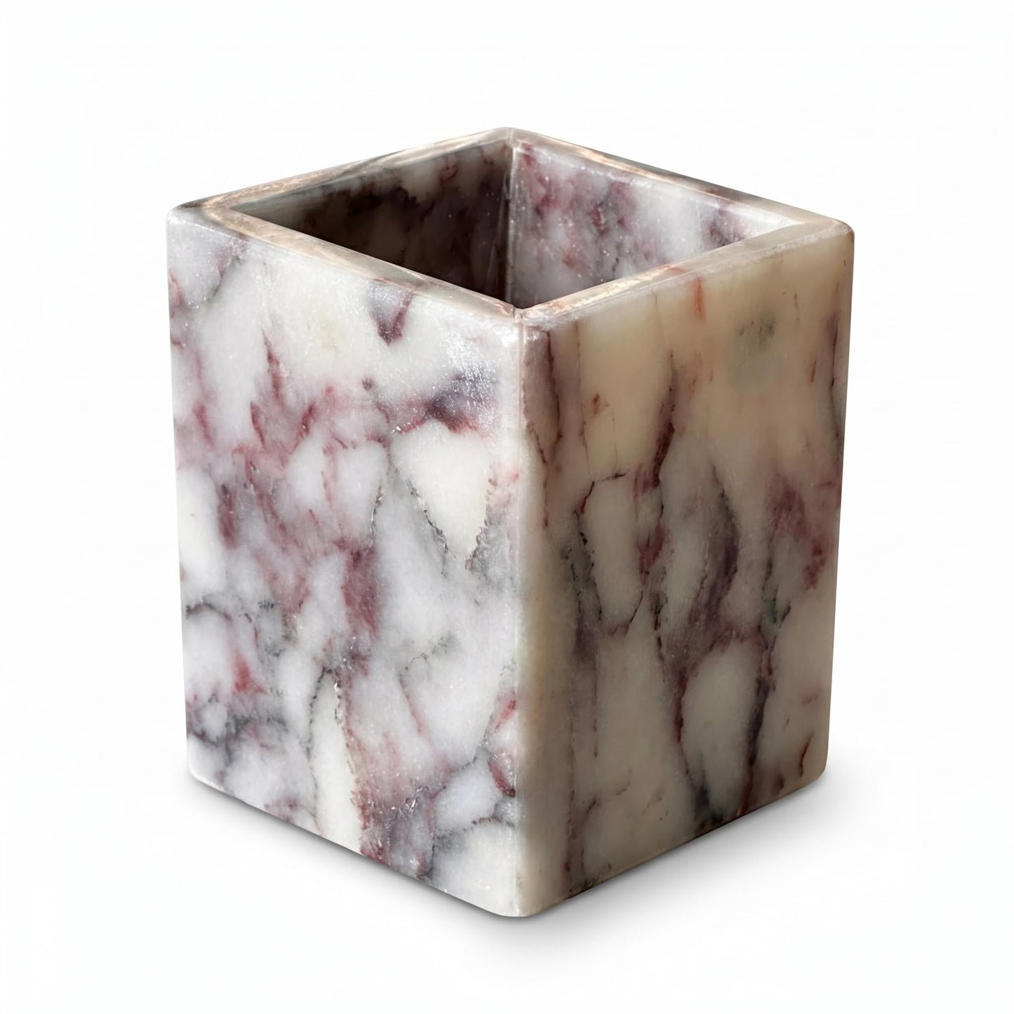 KEBTN Natural Calacatta Viola Marble Pen Holder, Luxury Square Organizer Cup, Multi-Use Hand-Polished Storage for Desk, Bathroom Vanity, Kitchen Utensils & Makeup Brushes, 2.95” x 3.74”