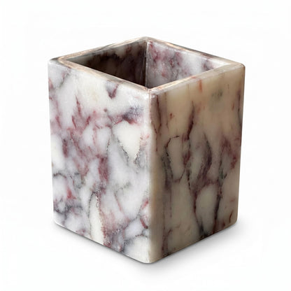 KEBTN Natural Calacatta Viola Marble Pen Holder, Luxury Square Organizer Cup, Multi-Use Hand-Polished Storage for Desk, Bathroom Vanity, Kitchen Utensils & Makeup Brushes, 2.95” x 3.74”