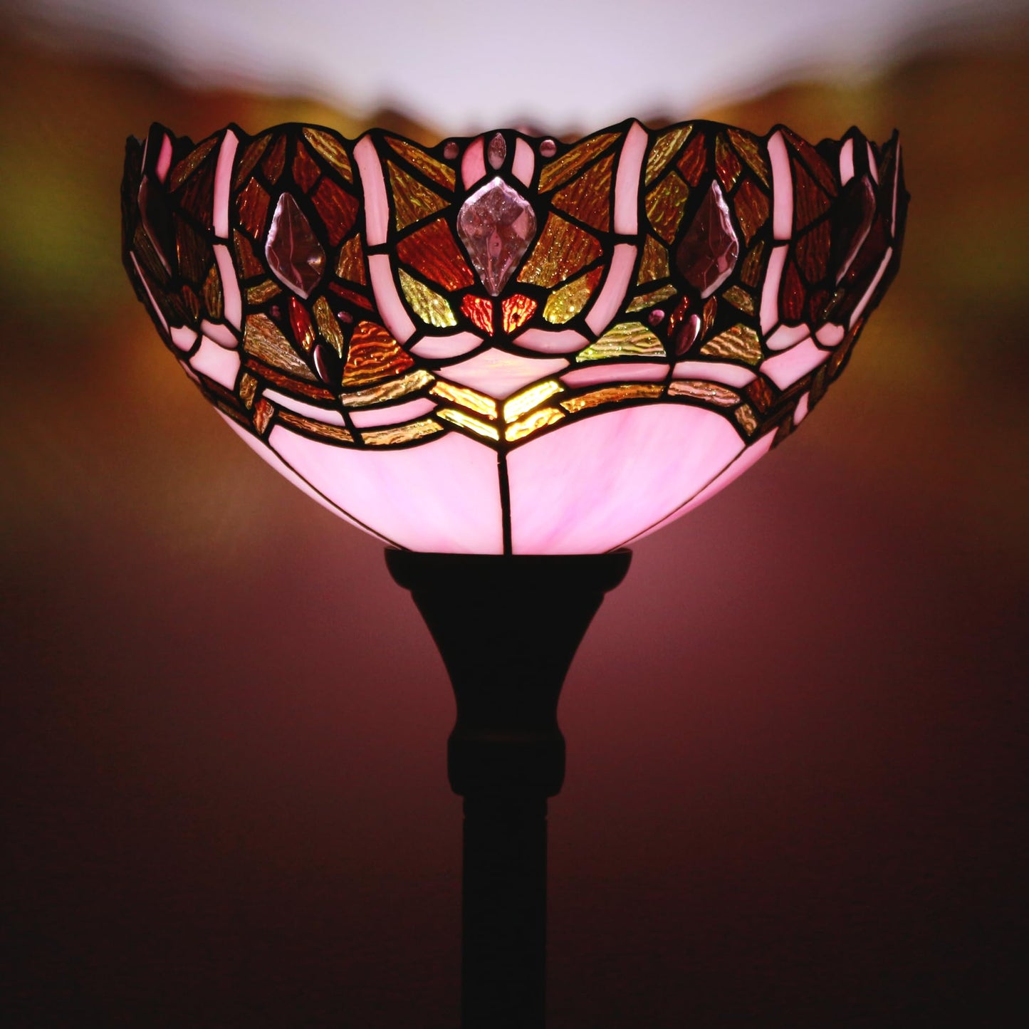 ZJART Tiffany Floor Lamp Torchiere Stained Glass Torch Lamp 12X12X67 Inch Antique Standing Corner Light (Pink Jewelry)