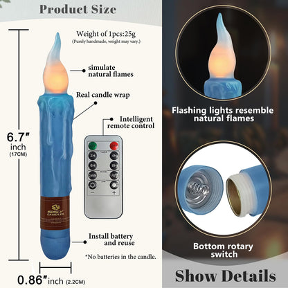 Dark Blue Flameless Short Taper Candles, Real Wax Hand Dipped LED Battery Operated with Remote, Flickering Flame Lights for Festival Party Home Décor, 6.7 Inch Primitive Flameless Candles, 4PCS