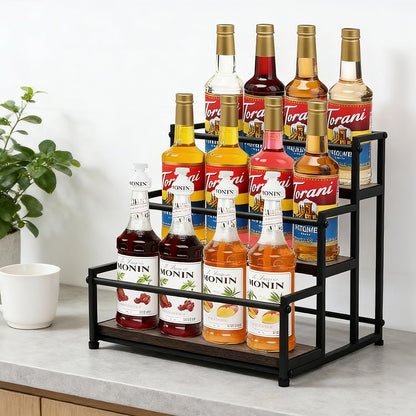 HRUSGO Coffee Syrup Rack Organizer - Metal Bottle Holder for 12 Bottles – Rustic Countertop Display Shelf for Coffee Bar, Kitchen Cabinet, Pantry Storage for Syrups, Liquor, Spice, Tea & Wine (3-Tier)