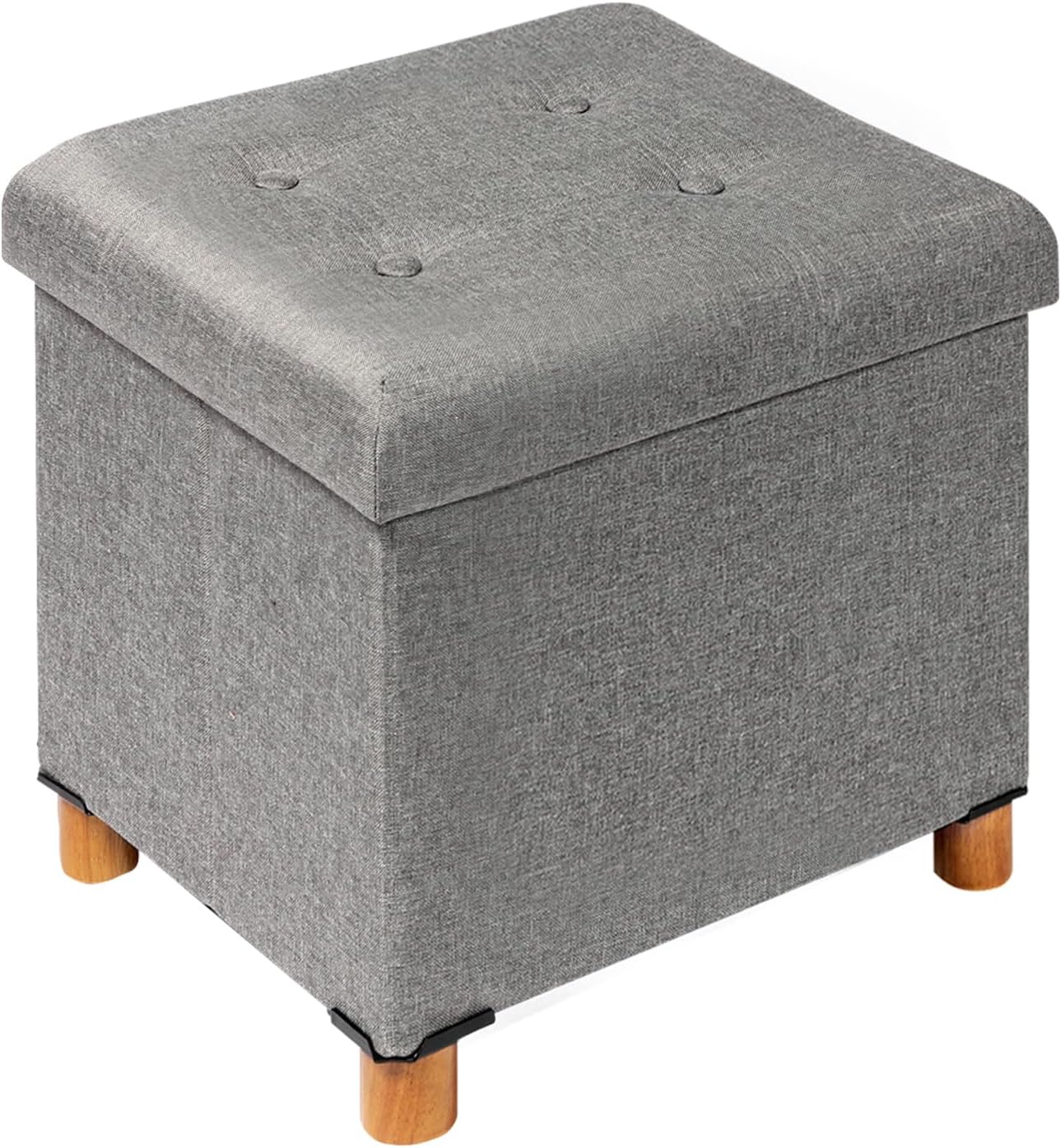 15" 15" 15"Grey PINPLUS Storage Ottoman Cube, White Linen Footrest with Wooden Legs, Foldable Fabric Footrest