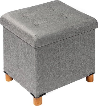 15" 15" 15"Grey PINPLUS Storage Ottoman Cube, White Linen Footrest with Wooden Legs, Foldable Fabric Footrest