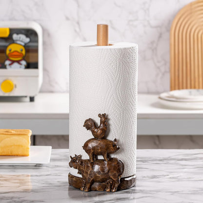 Polytree Countertop Farm Animals (Cow, Pig and Rooster) Paper Towel Holder Stand with Decoration, Hand-Carved Wood