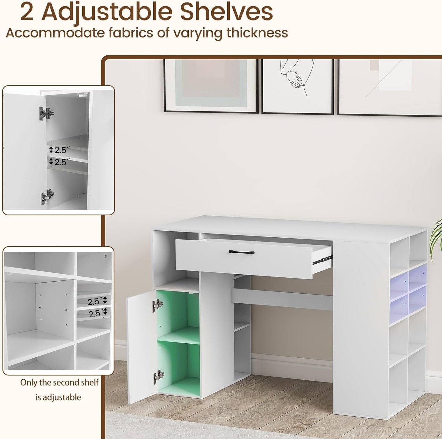 LDAILY Sewing Machine Table, Sewing Desk with Storage, Drafting Writing Sewing Station with Storage Cubes,1 Cabinet, 1 Drawer, 2 Adjustable Shelves, Artwork Craft Table for Home Office, White