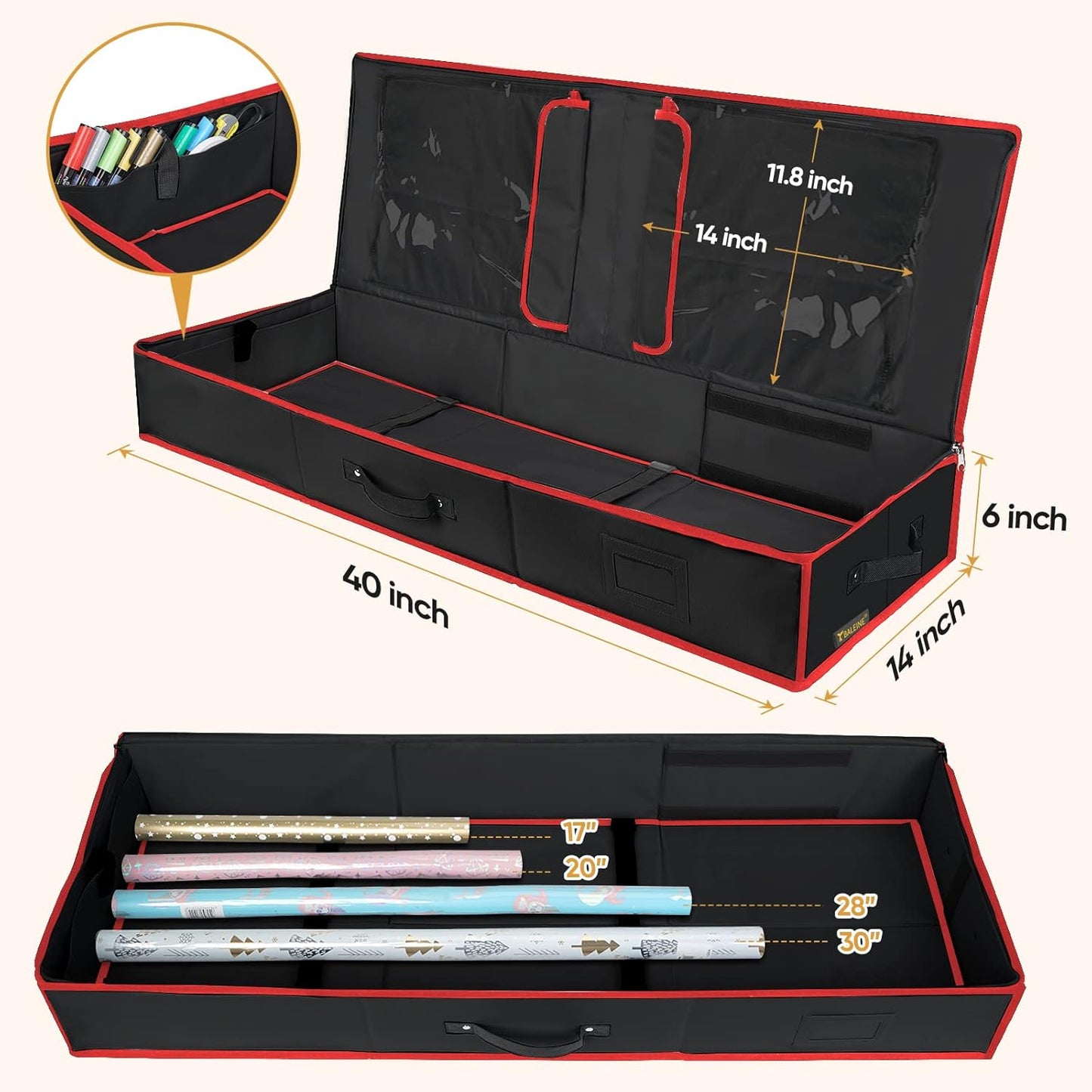 BALEINE Gift Wrap Storage Organizer - 40" Durable 600D Oxford Fabric Bag with Flexible Partitions | Black/Red