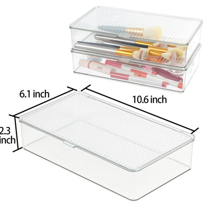 ZEXALOR Pack of 2 Clear Storage Bins with Lids, Small Storage Containers Boxes with Lids, Dresser Organizer, Tea Bag Organizer, Freezer Bin, Plastic Drawer Organizers (10.6×6.1×2.3“)