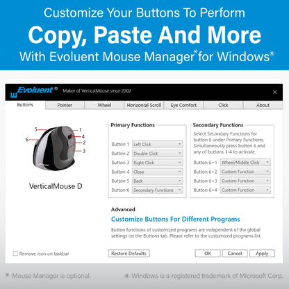 Evoluent – Inventor of The Vertical Mouse – VMDMW Ergonomic Vertical Mouse Right Hand Med USB Wireless, Sculpted for Comfort, Reduces Wrist Strain, 4 Speeds, 6 Customizable Buttons in Windows