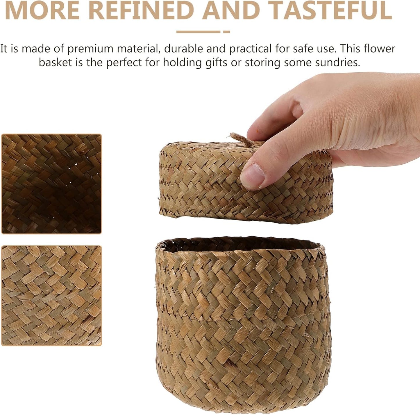 Housoutil Small Handwoven Seagrass Woven Basket with Lid, Natural Storage Box for Flower Pot, Garbage Can, Desktop