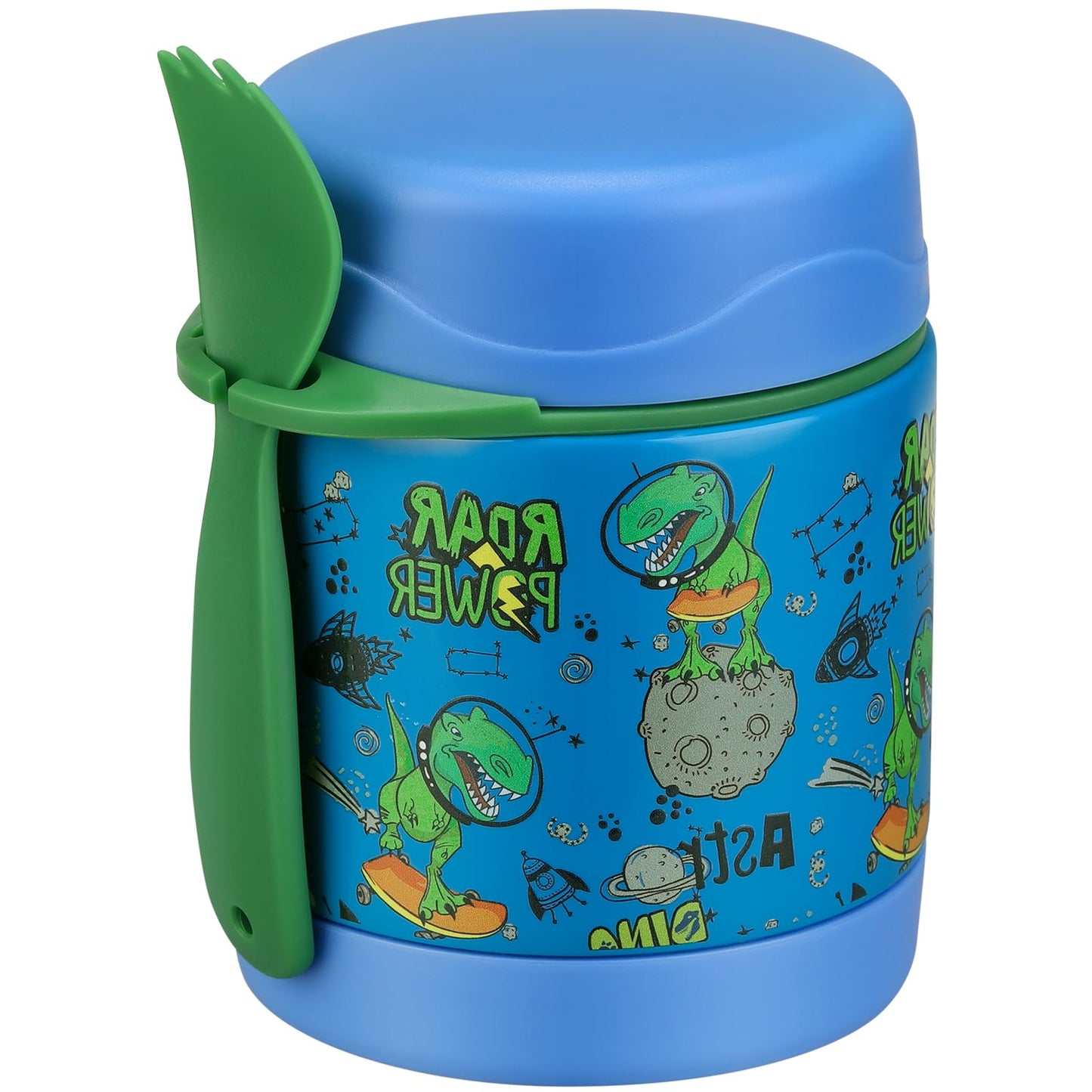 10oz Soup Thermo for Hot Food Kids,Lunch Thermo Kids Food Jar with Spoon Hot Insulated Food Containers,Leak Proof Stainless Steel Wide Mouth Lunch Food Thermo Jar for School(Blue-Dinosaur)