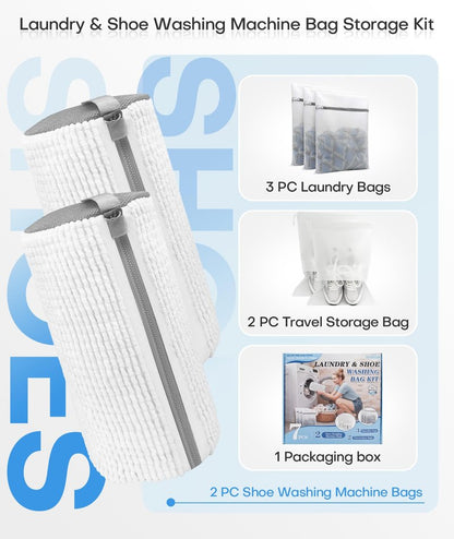 3-IN-1 Laundry & Shoe Washing Machine Bag Kit : Laundry Shoe Bag for Washer and Dryer,Reusable Shoe Cleaning Bag for Sneakers,Tennis,Self-locking Zipper & Microfiber,Include 3 Laundry Bag & 2 Shoe Bag