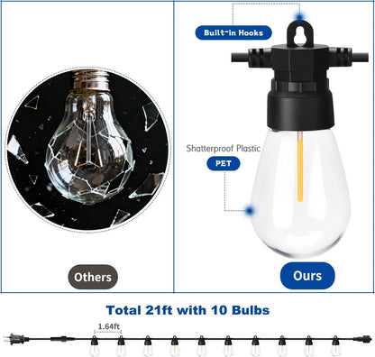 S14 Bulbs 2700K 21.3FT LED Edison String Lights Outdoor, Warm White - Vintage Shatterproof Patio Festoon Lights