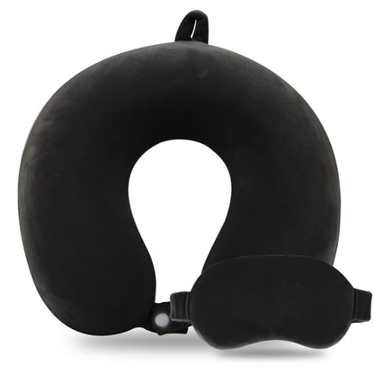 Sexysamba Pure Memory Foam Travel Pillow Set for Adults - Comfortable & Removable Machine Washable Cover, Neck Support Pillow Airplane Travel Kit with Eye Mask for Portable Plane Accessories - Black