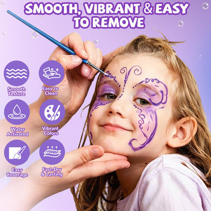 Face Painting Kit – 42 Colors Water Activated Face Paint Set, Easy Apply & Remove, Skin-Safe & Non-Toxic, Professional Kit with Brushes, Stencils & Gems for Halloween, Party, Festival & Cosplay