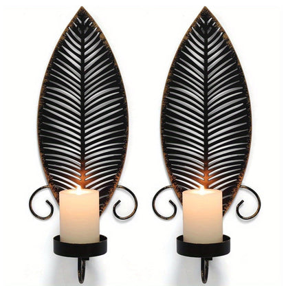 Leaf Wall Candle Sconces Vintage Metal Candle Holder, Set of 2 Wall Candlestick Mounted for Hallway Fireplace Bedroom Living Room (Black)